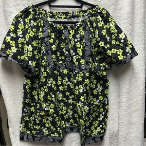 Koi scrub top 3XL fun green floral print